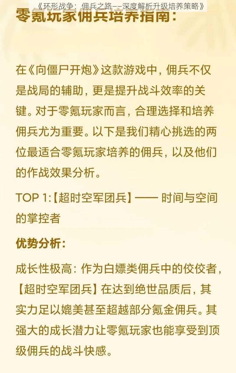 《环形战争：佣兵之路——深度解析升级培养策略》