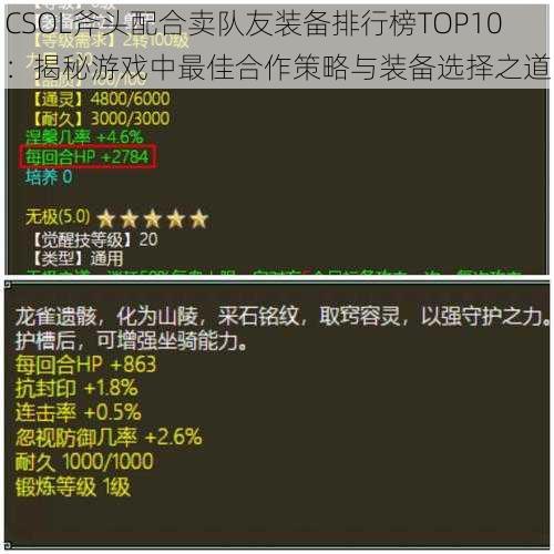 CSOL斧头配合卖队友装备排行榜TOP10：揭秘游戏中最佳合作策略与装备选择之道