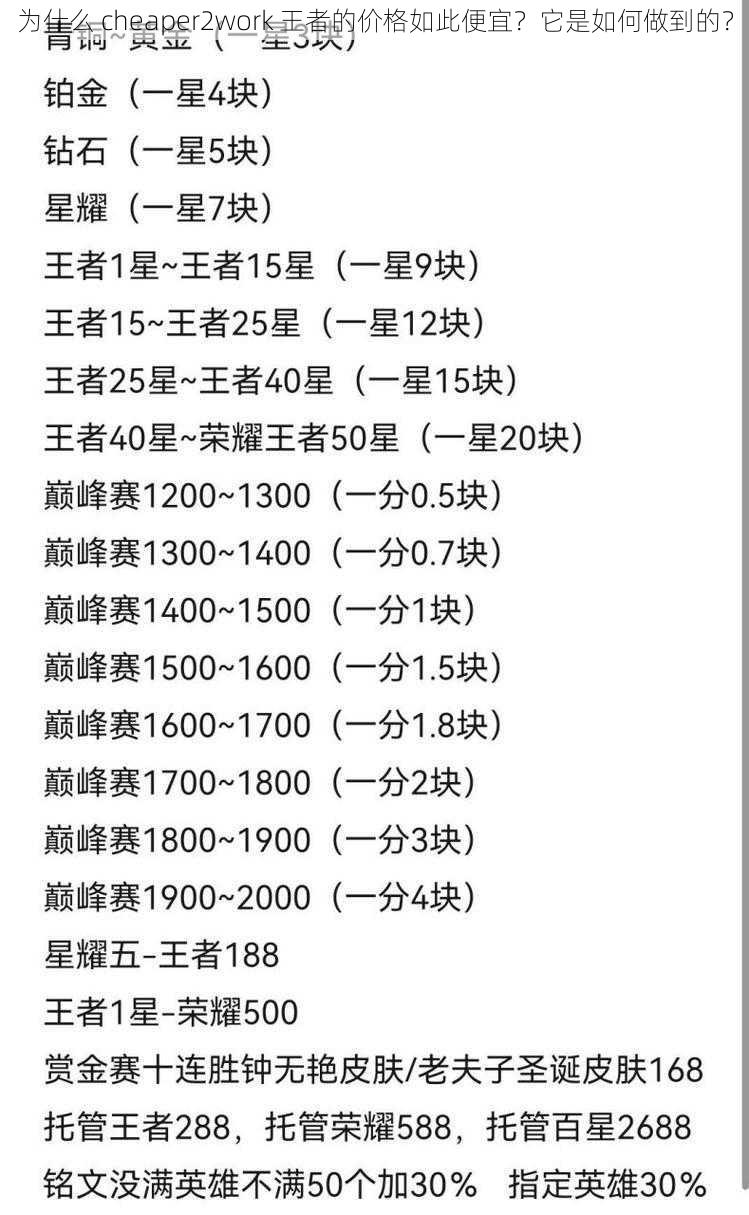 为什么 cheaper2work 王者的价格如此便宜？它是如何做到的？