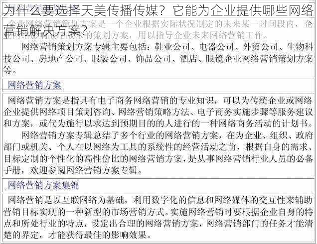 为什么要选择天美传播传媒？它能为企业提供哪些网络营销解决方案？