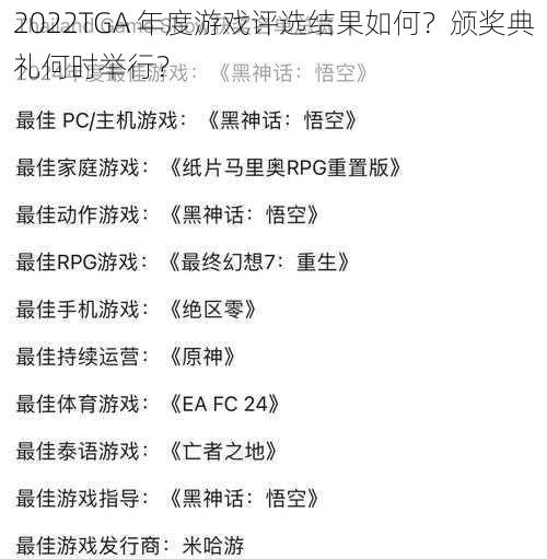 2022TGA 年度游戏评选结果如何？颁奖典礼何时举行？